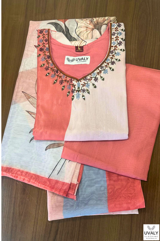 Women's Salwar Suit Set Floral Pink – Top + Bottom + Shawl | Premium Blend