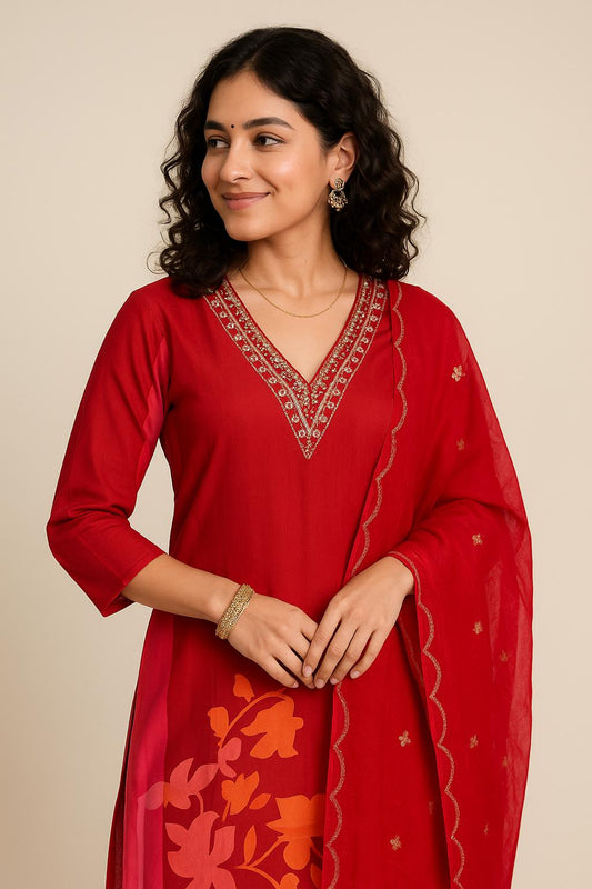 Women's Salwar Suit Set Red Ethnic – Top + Bottom + Shawl | Premium Blend