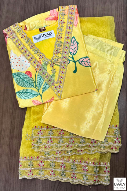 Women's Salwar Suit Set Yellow – Top + Bottom + Shawl | Premium Blend