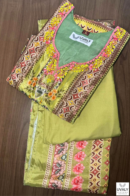 Women's Salwar Suit Set Green – Top + Bottom + Shawl | Premium Blend