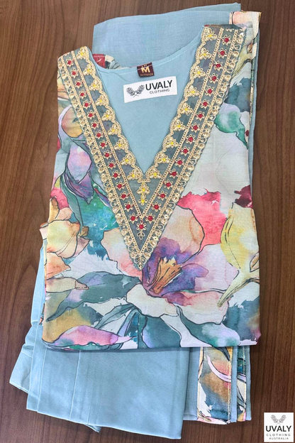 Women's Salwar Suit Set Floral Blue – Top + Bottom + Shawl | Premium Blend