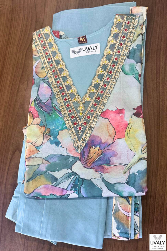 Women's Salwar Suit Set Floral Blue – Top + Bottom + Shawl | Premium Blend