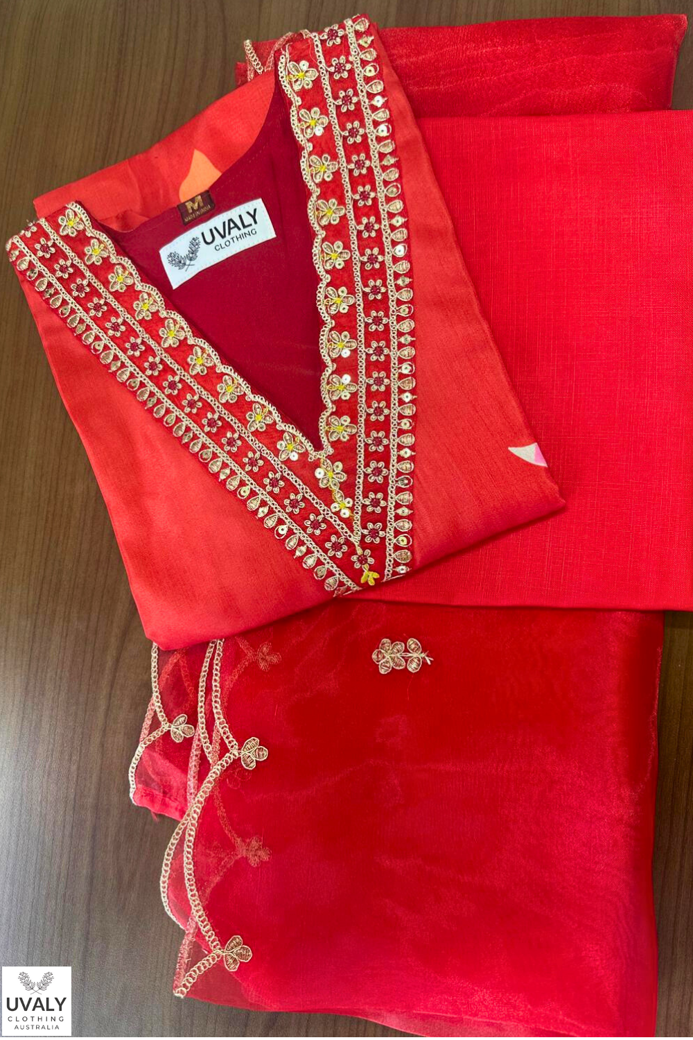 Women's Salwar Suit Set Red Ethnic – Top + Bottom + Shawl | Premium Blend