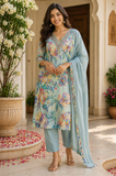 Women's Salwar Suit Set Floral Blue – Top + Bottom + Shawl | Premium Blend