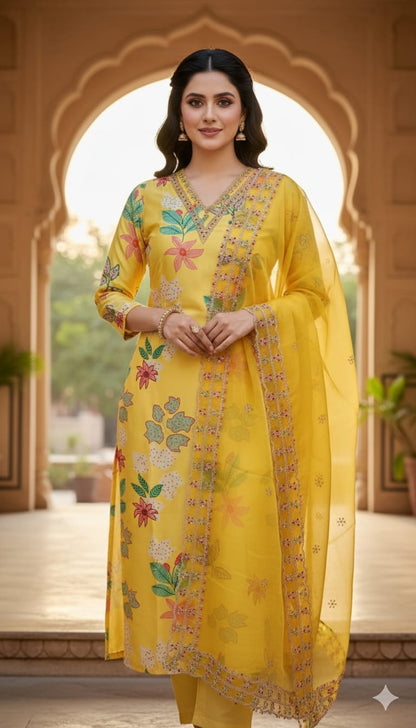 Women's Salwar Suit Set Yellow – Top + Bottom + Shawl | Premium Blend