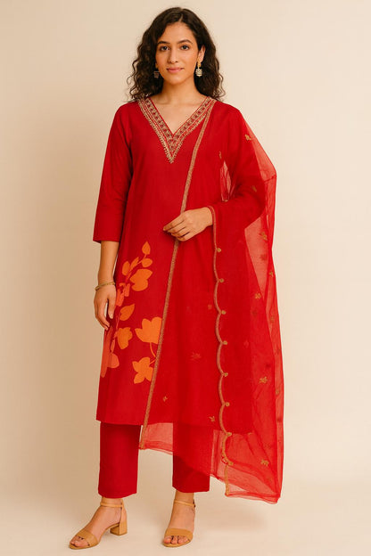 Women's Salwar Suit Set Red Ethnic – Top + Bottom + Shawl | Premium Blend