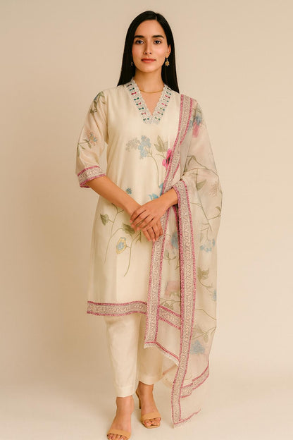 Women's Salwar Suit Set White – Top + Bottom + Shawl | Premium Blend