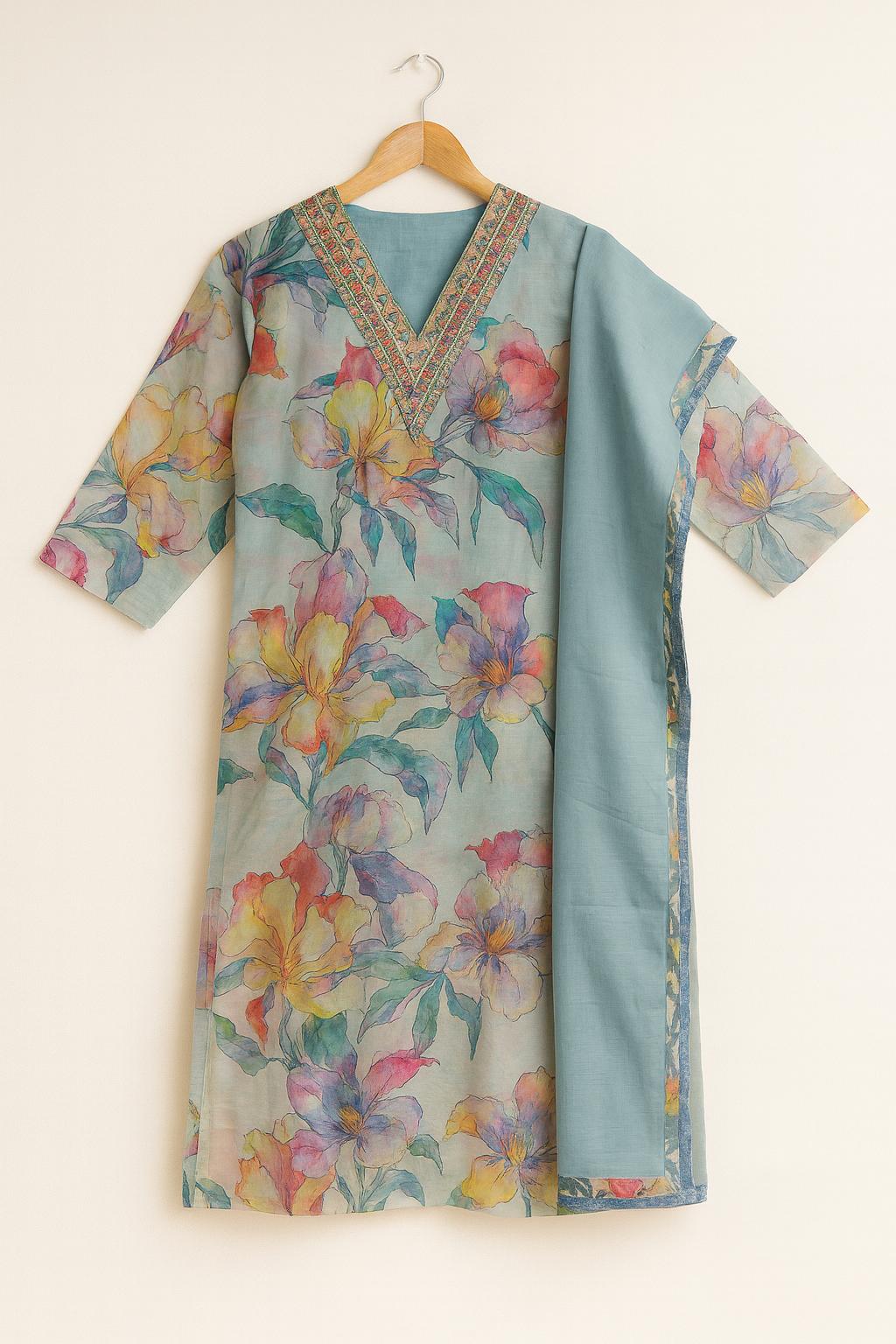 Women's Salwar Suit Set Floral Blue – Top + Bottom + Shawl | Premium Blend