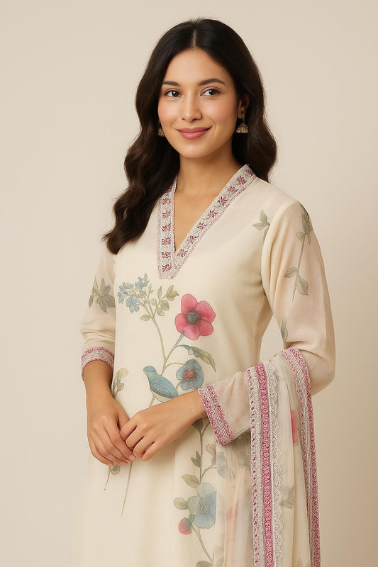 Women's Salwar Suit Set White – Top + Bottom + Shawl | Premium Blend