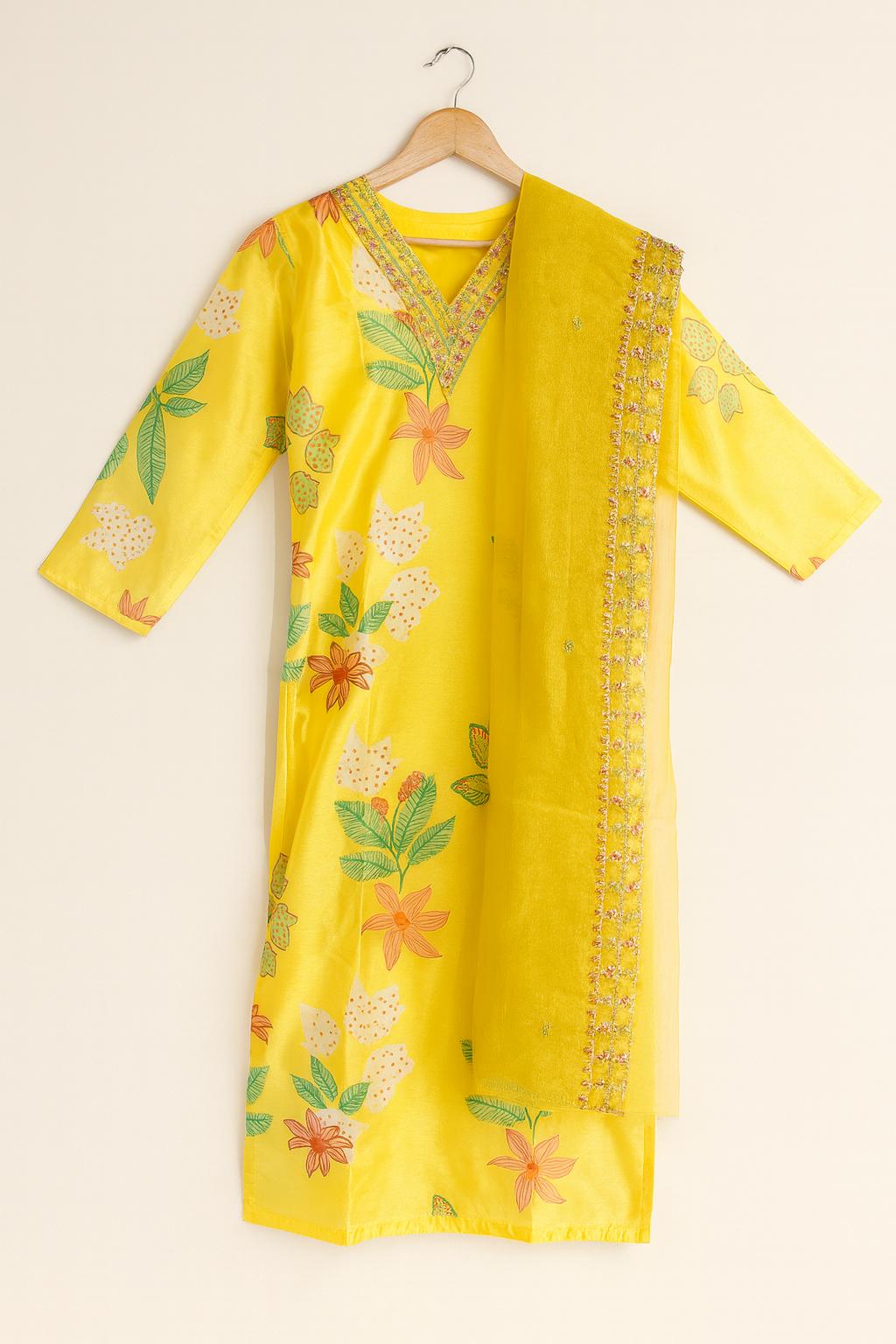 Women's Salwar Suit Set Yellow – Top + Bottom + Shawl | Premium Blend
