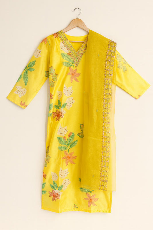 Women's Salwar Suit Set Yellow – Top + Bottom + Shawl | Premium Blend