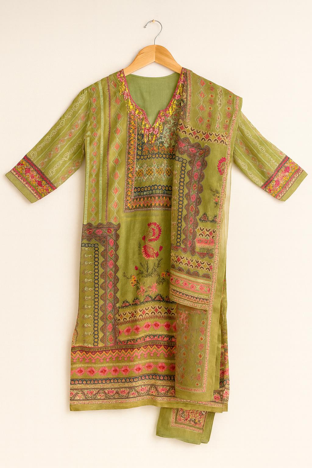 Women's Salwar Suit Set Green – Top + Bottom + Shawl | Premium Blend