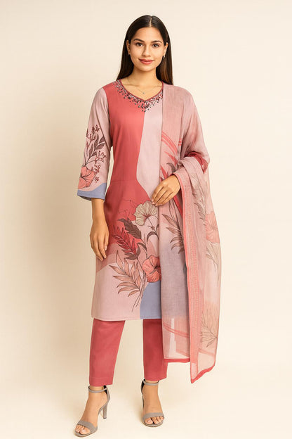 Women's Salwar Suit Set Floral Pink – Top + Bottom + Shawl | Premium Blend