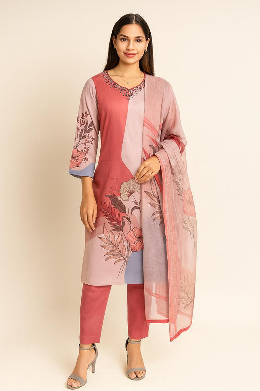 Women's Salwar Suit Set Floral Pink – Top + Bottom + Shawl | Premium Blend