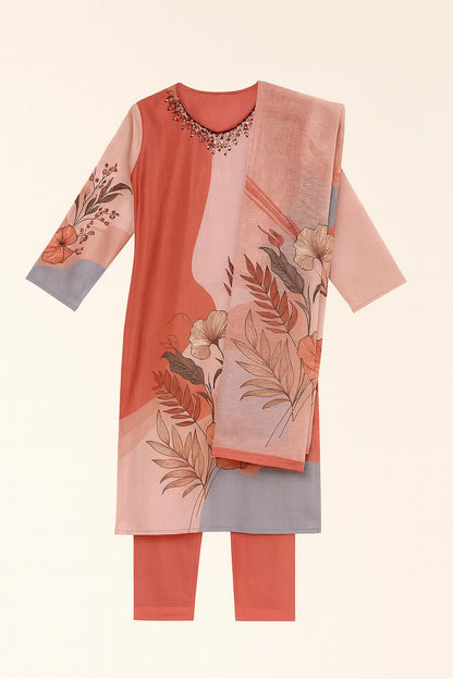 Women's Salwar Suit Set Floral Pink – Top + Bottom + Shawl | Premium Blend