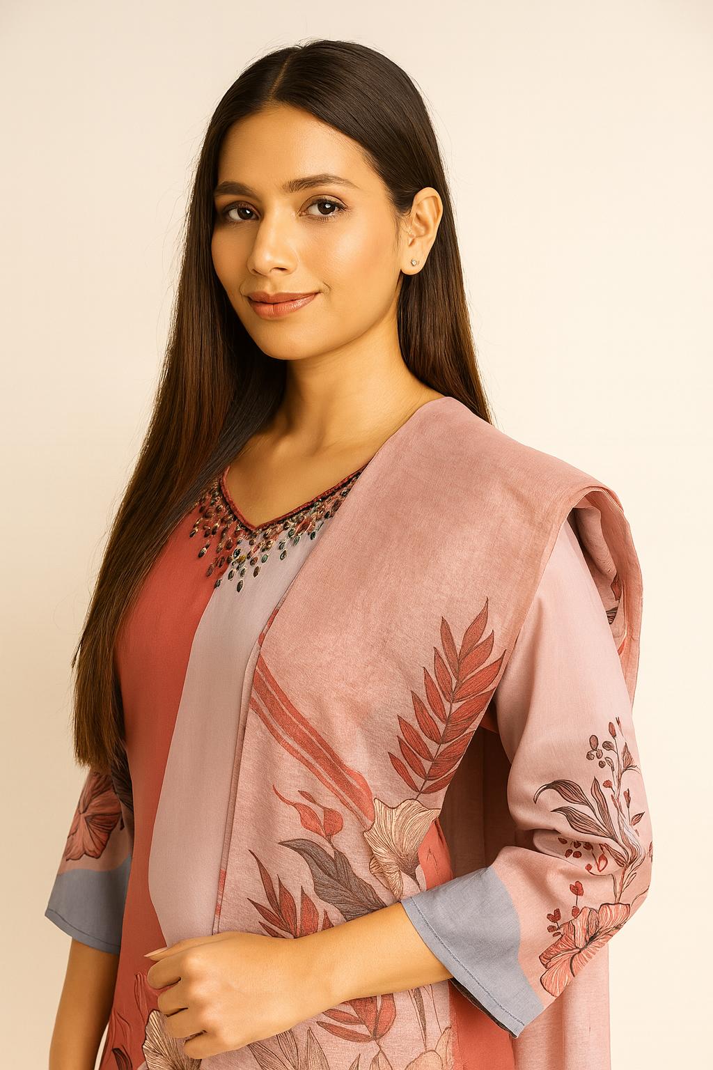 Women's Salwar Suit Set Floral Pink – Top + Bottom + Shawl | Premium Blend