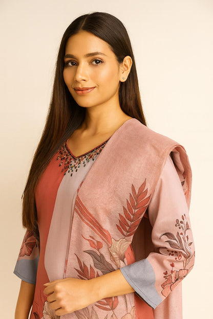 Women's Salwar Suit Set Floral Pink – Top + Bottom + Shawl | Premium Blend
